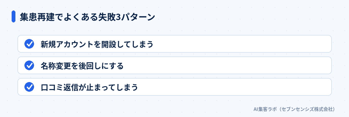 集患再建でよくある失敗3パターン: 新規アカウントを開設してしまう、名称変更を後回しにする、口コミ返信が止まってしまう