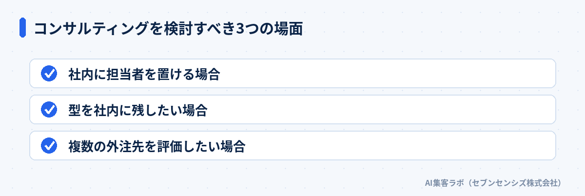 コンサルティングを検討すべき3つの場面: 社内に担当者を置ける場合、型を社内に残したい場合、複数の外注先を評価したい場合